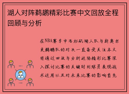 湖人对阵鹈鹕精彩比赛中文回放全程回顾与分析